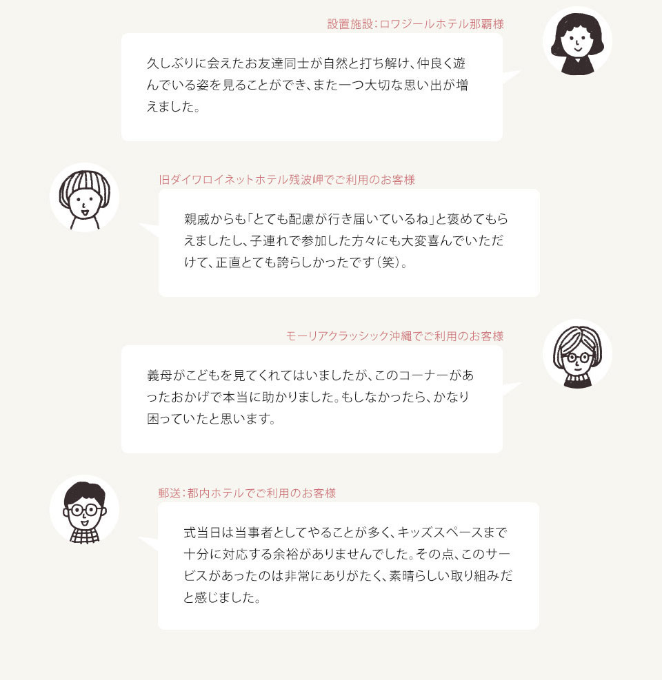 お客様の声 ・設置施設: ロワジールホテル那覇様 久しぶりに会えたお友達同士が自然と打ち解け、仲良く遊 んでいる姿を見ることができ、また一つ大切な思い出が増 えました。 ・ 旧ダイワロイネットホテル残波岬でご利用のお客様 親戚からも「とても配慮が行き届いているね」と褒めてもら えましたし、 子連れで参加した方々にも大変喜んでいただ けて、正直とても誇らしかったです(笑)。 ・モーリアクラッシック沖縄でご利用のお客様 義母がこどもを見てくれてはいましたが、 このコーナーがあ ったおかげで本当に助かりました。 もしなかったら、かなり 困っていたと思います。 ・郵送:都内ホテルでご利用のお客様 式当日は当事者としてやることが多く、キッズスペースまで 十分に対応する余裕がありませんでした。 その点、このサー ビスがあったのは非常にありがたく、素晴らしい取り組みだ と感じました。