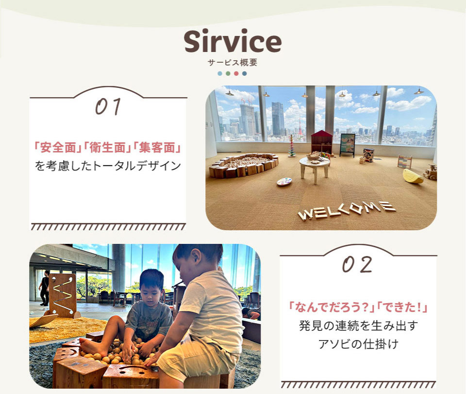 サービス概要 01.「安全面」「衛生面」「集客面」を考慮したトータルデザイン　 02.「なんでだろう？」「できた！」発見の連続を生み出す遊びの仕掛け